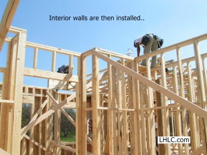 Panelized interior walls are installed. Upper floor or roof system installation follows.